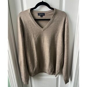 Brooks Brothers Saxxon Wool Beige Long Sleeve V-Neck Pullover Sweater Sz L Large